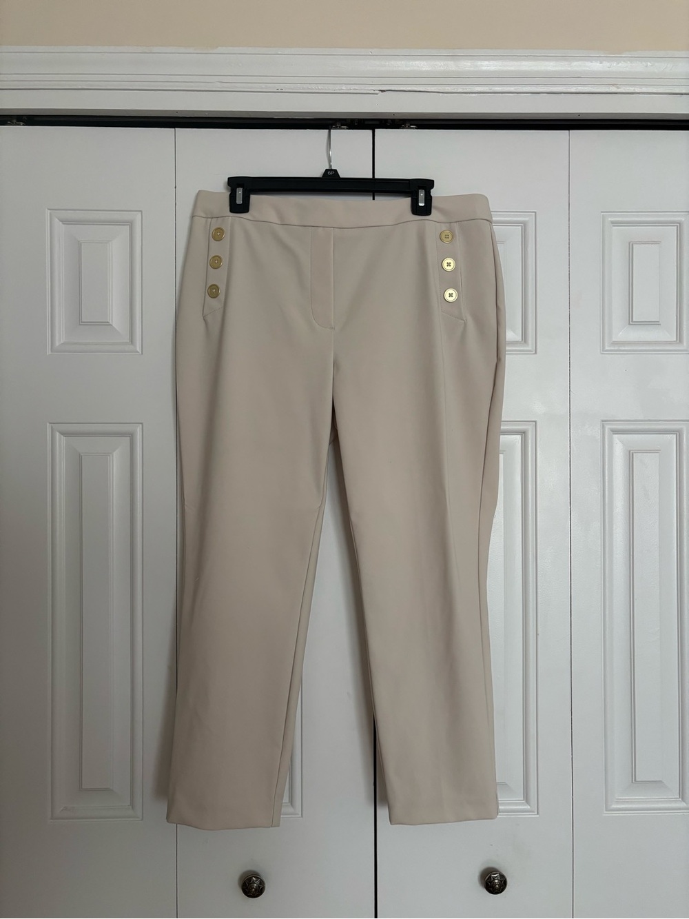 Women’s Tailored Cream Ankle Pants with Gold Button Detail
